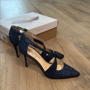 Jessica Simpson Navy Glitter Pointed Toe Cross-Strap Heels